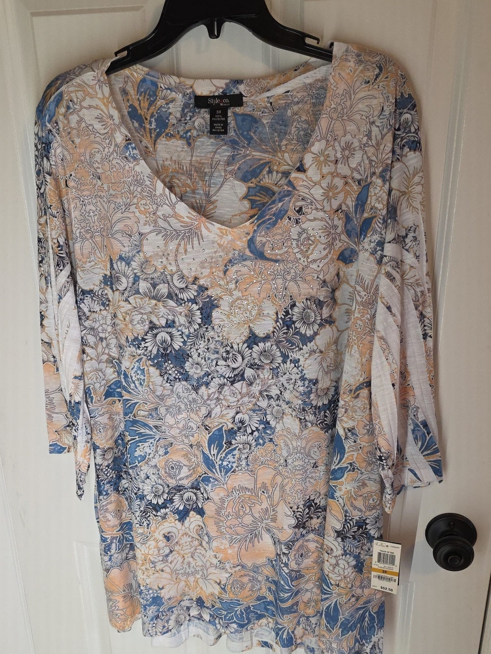 Style & Co. Blue and Cream Floral V-Neck Tunic